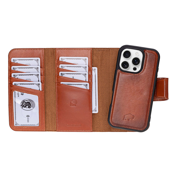iPhone 16 Pro Leather Wallet Case - Tudor 2 - in - 1 Tri - Fold Folio, Burnished Tan - BlackBrook Case