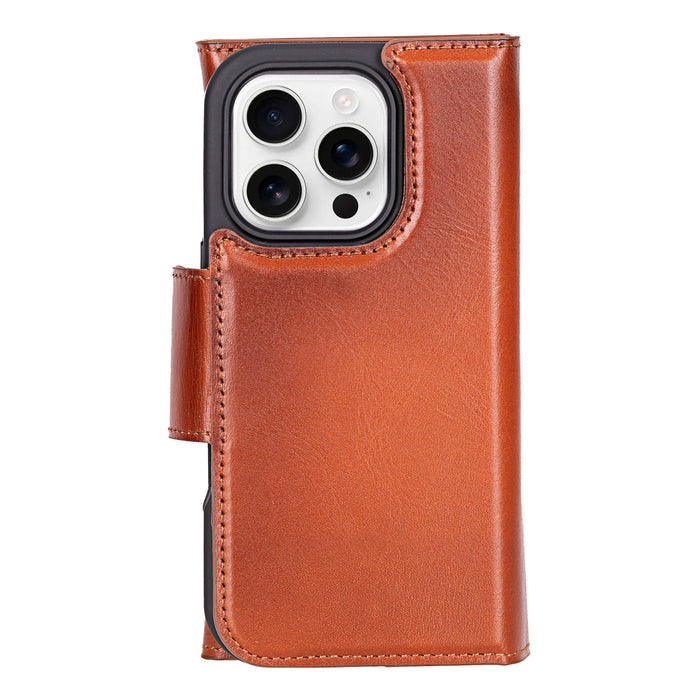 iPhone 16 Pro Leather Wallet Case - Tudor 2 - in - 1 Tri - Fold Folio, Burnished Tan - BlackBrook Case