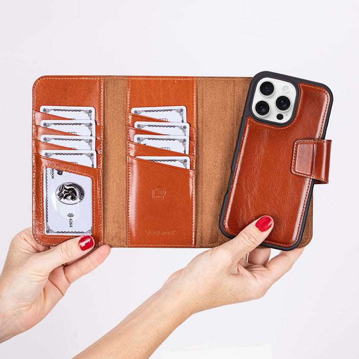 iPhone 16 Pro Leather Wallet Case - Tudor 2 - in - 1 Tri - Fold Folio, Burnished Tan - BlackBrook Case