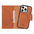 iPhone 16 Pro Leather Wallet Case - Tudor 2 - in - 1 Tri - Fold Folio, Golden Brown - BlackBrook Case