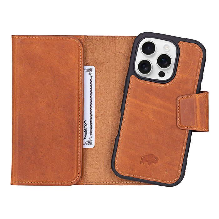 iPhone 16 Pro Leather Wallet Case - Tudor 2 - in - 1 Tri - Fold Folio, Golden Brown - BlackBrook Case