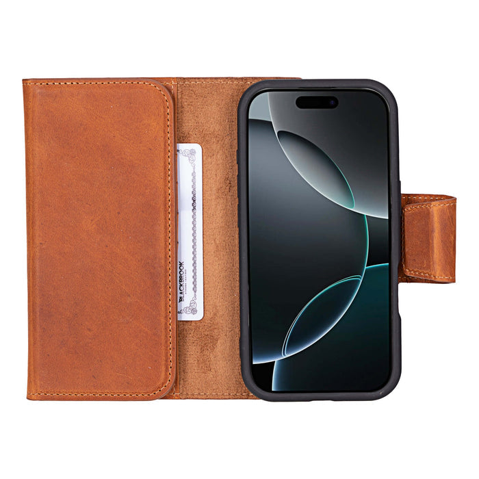 iPhone 16 Pro Leather Wallet Case - Tudor 2 - in - 1 Tri - Fold Folio, Golden Brown - BlackBrook Case