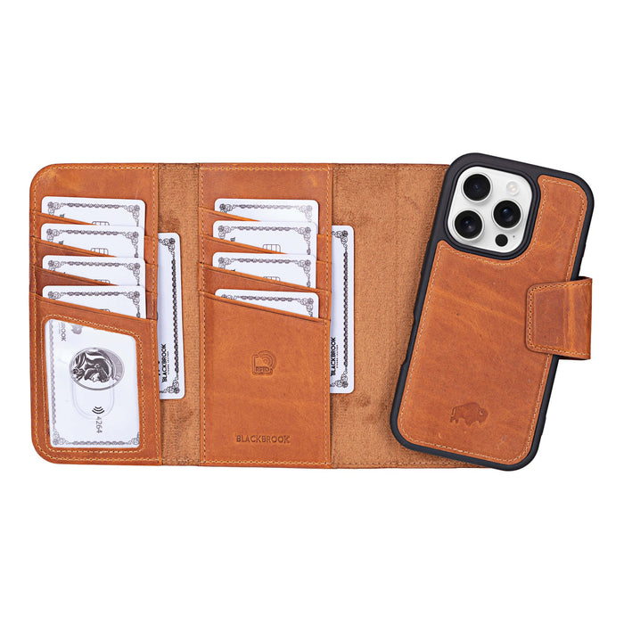 iPhone 16 Pro Leather Wallet Case - Tudor 2 - in - 1 Tri - Fold Folio, Golden Brown - BlackBrook Case