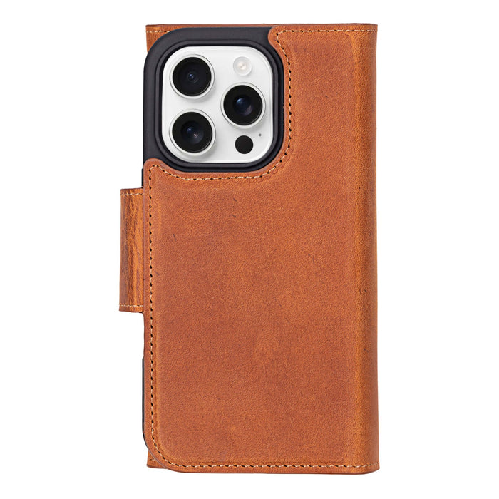 iPhone 16 Pro Leather Wallet Case - Tudor 2 - in - 1 Tri - Fold Folio, Golden Brown - BlackBrook Case