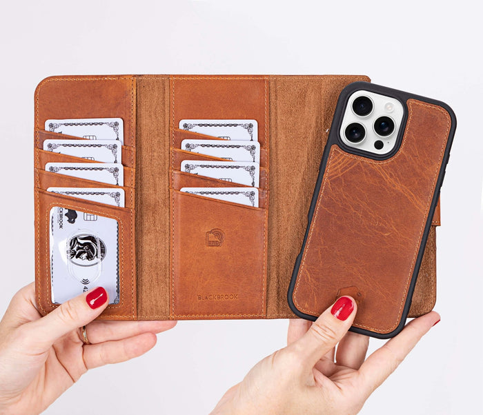 iPhone 16 Pro Leather Wallet Case - Tudor 2 - in - 1 Tri - Fold Folio, Golden Brown - BlackBrook Case