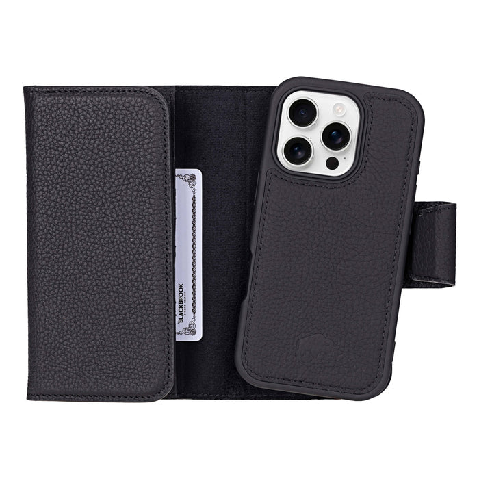 iPhone 16 Pro Leather Wallet Case - Tudor 2 - in - 1 Tri - Fold Folio, Pebble Black - BlackBrook Case