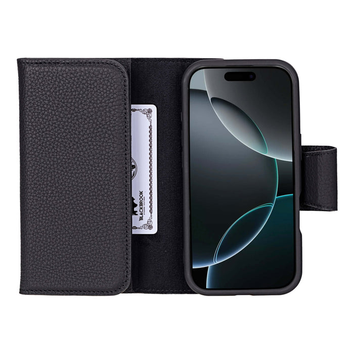 iPhone 16 Pro Leather Wallet Case - Tudor 2 - in - 1 Tri - Fold Folio, Pebble Black - BlackBrook Case