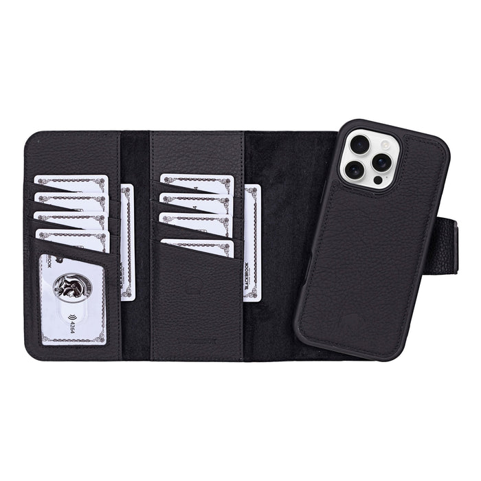 iPhone 16 Pro Leather Wallet Case - Tudor 2 - in - 1 Tri - Fold Folio, Pebble Black - BlackBrook Case