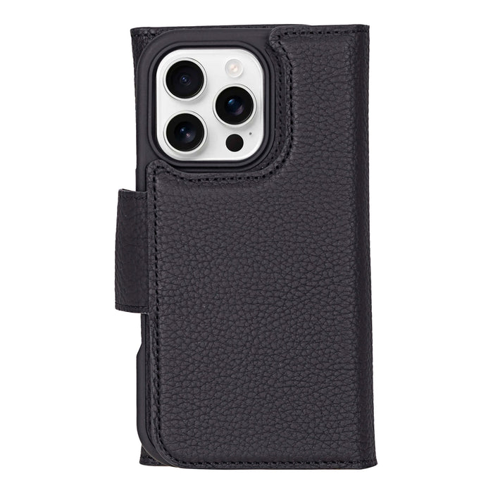 iPhone 16 Pro Leather Wallet Case - Tudor 2 - in - 1 Tri - Fold Folio, Pebble Black - BlackBrook Case