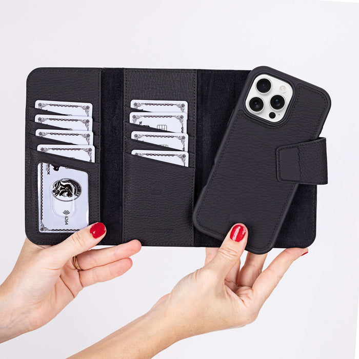 iPhone 16 Pro Leather Wallet Case - Tudor 2 - in - 1 Tri - Fold Folio, Pebble Black - BlackBrook Case