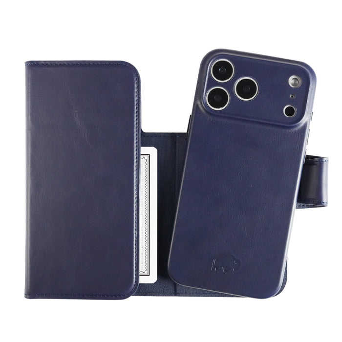 iPhone 18 Pro Leather Wallet Case - Tudor 2 - in - 1 Tri - Fold Folio, Deep Blue - BlackBrook Case