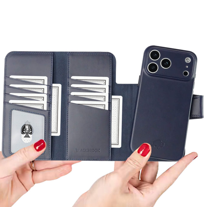 iPhone 18 Pro Leather Wallet Case - Tudor 2 - in - 1 Tri - Fold Folio, Deep Blue - BlackBrook Case