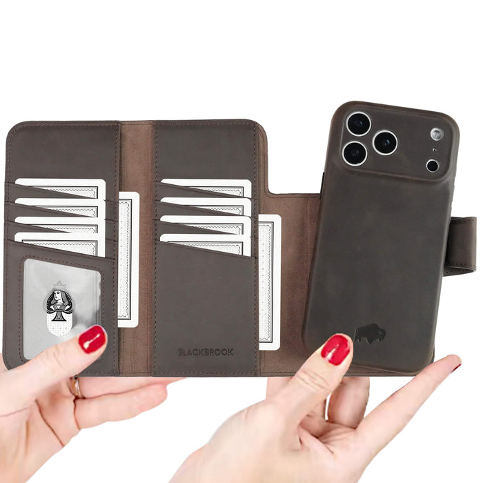 iPhone 18 Pro Leather Wallet Case - Tudor 2 - in - 1 Tri - Fold Folio, Distressed Coffee - BlackBrook Case