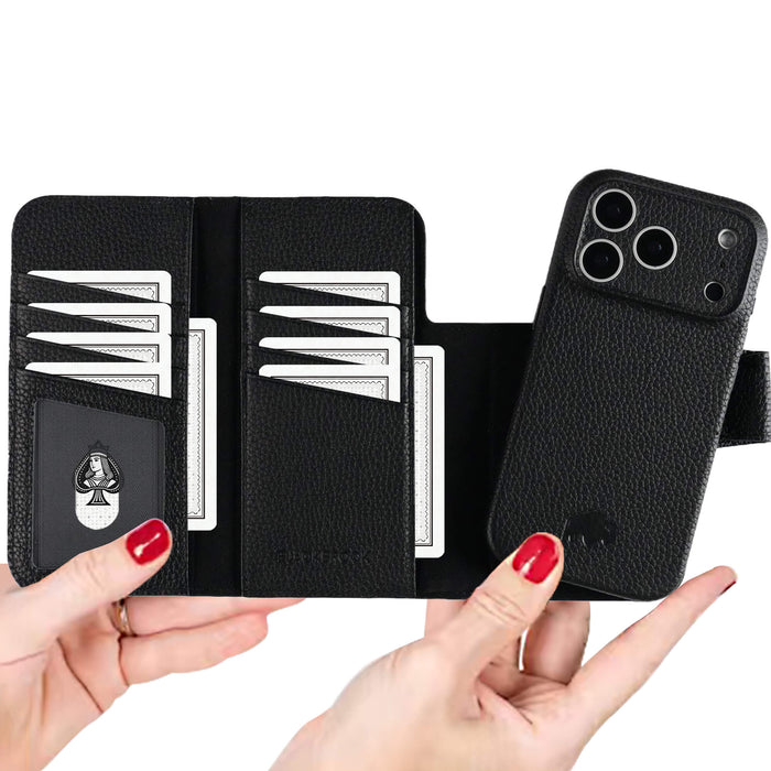 iPhone 18 Pro Leather Wallet Case - Tudor 2 - in - 1 Tri - Fold Folio, Pebble Black - BlackBrook Case