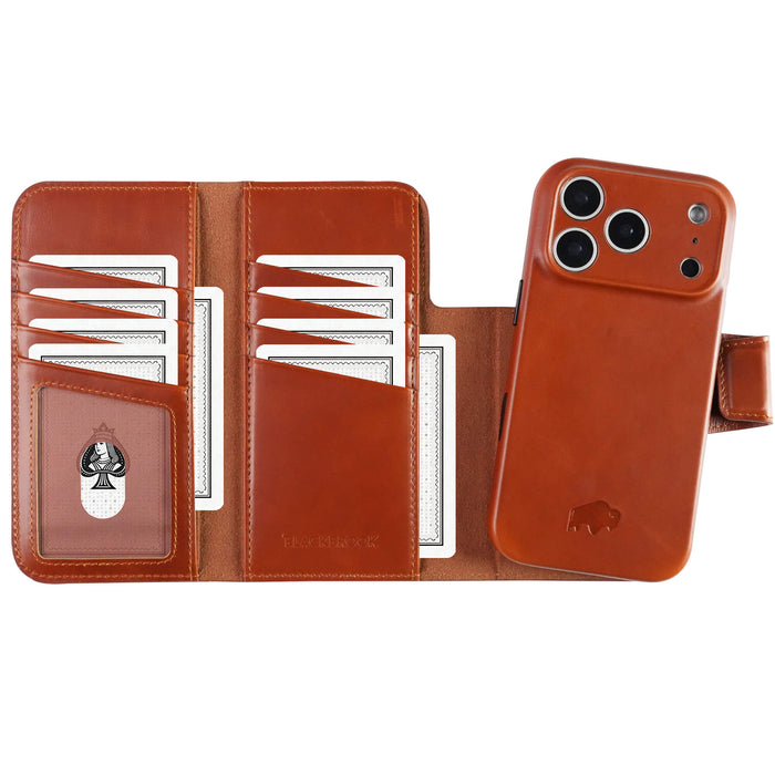 iPhone 18 Pro Leather Wallet Case - Tudor 2 - in - 1 Tri - Fold Folio, Burnished Tan - BlackBrook Case