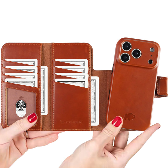 iPhone 18 Pro Leather Wallet Case - Tudor 2 - in - 1 Tri - Fold Folio, Burnished Tan - BlackBrook Case