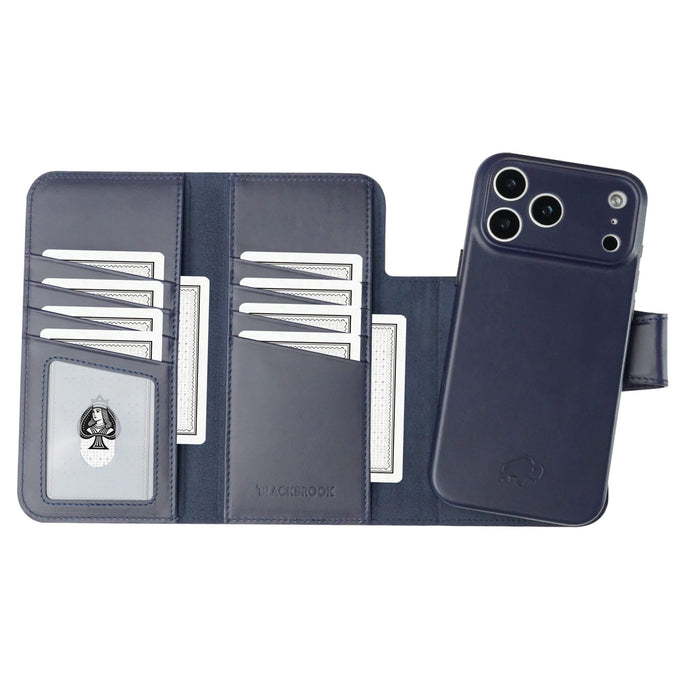 iPhone 18 Pro Leather Wallet Case - Tudor 2 - in - 1 Tri - Fold Folio, Deep Blue - BlackBrook Case