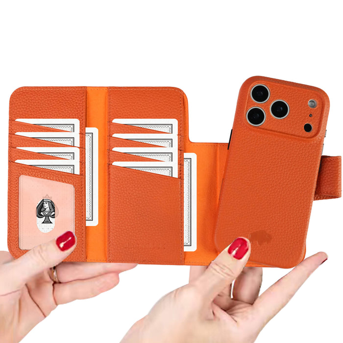iPhone 18 Pro Leather Wallet Case - Tudor 2 - in - 1 Tri - Fold Folio, Pebble Orange - BlackBrook Case