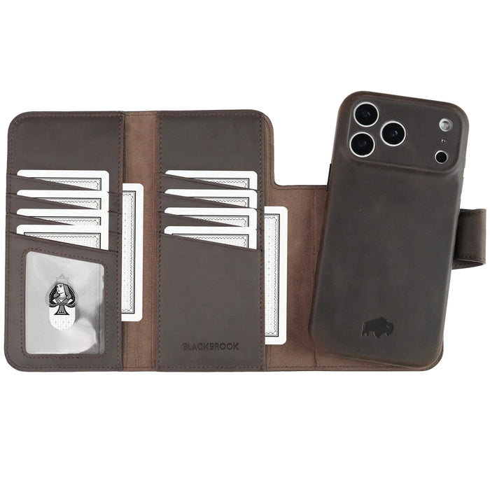 iPhone 18 Pro Leather Wallet Case - Tudor 2 - in - 1 Tri - Fold Folio, Distressed Coffee - BlackBrook Case