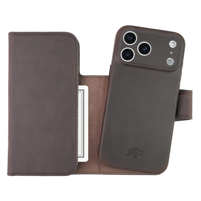 iPhone 18 Pro Leather Wallet Case - Tudor 2 - in - 1 Tri - Fold Folio, Distressed Coffee - BlackBrook Case