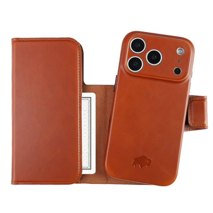 iPhone 18 Pro Leather Wallet Case - Tudor 2 - in - 1 Tri - Fold Folio, Burnished Tan - BlackBrook Case