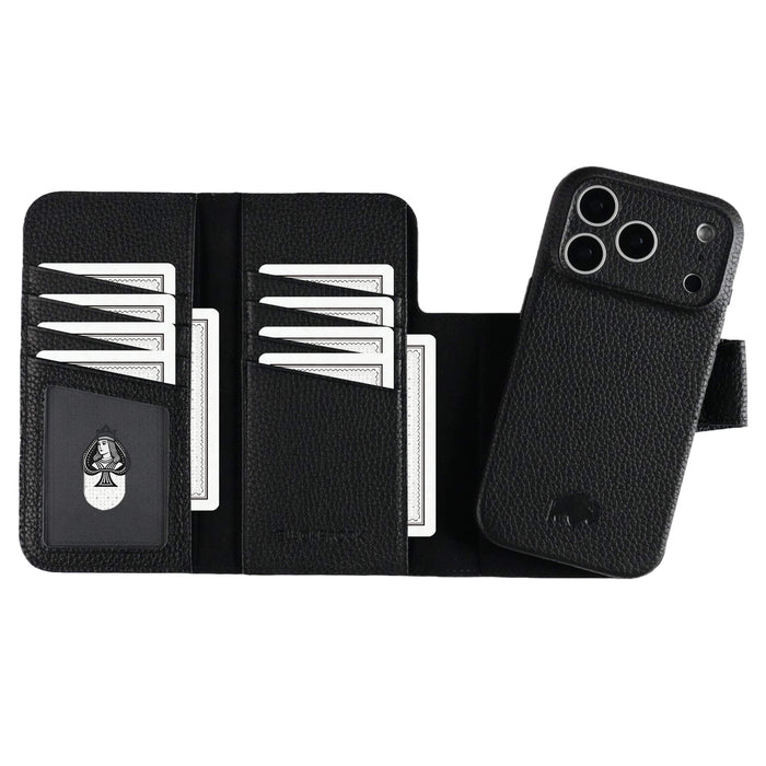 iPhone 18 Pro Leather Wallet Case - Tudor 2 - in - 1 Tri - Fold Folio, Pebble Black - BlackBrook Case