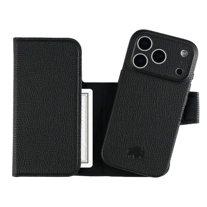 iPhone 18 Pro Leather Wallet Case - Tudor 2 - in - 1 Tri - Fold Folio, Pebble Black - BlackBrook Case