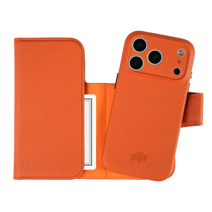 iPhone 18 Pro Leather Wallet Case - Tudor 2 - in - 1 Tri - Fold Folio, Pebble Orange - BlackBrook Case
