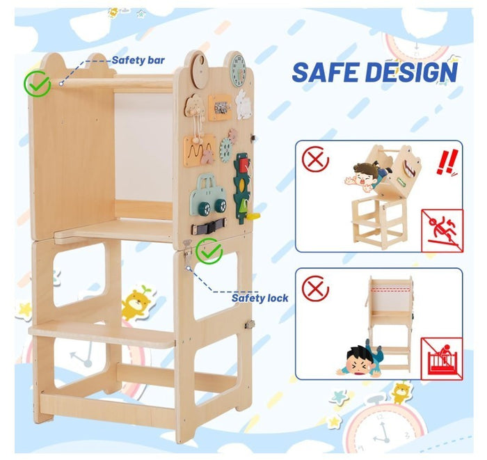 Kids Learning Tower Wooden Step Stool Kitchen Helper Busy Board Black-314
