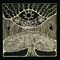Intricate black and white drawing of a tree with roots, a large eye with a sun inside above it, abstract patterns, and two profile faces—evoking psychedelic rock vibes like the Kikagaku Moyo - S/T album art.