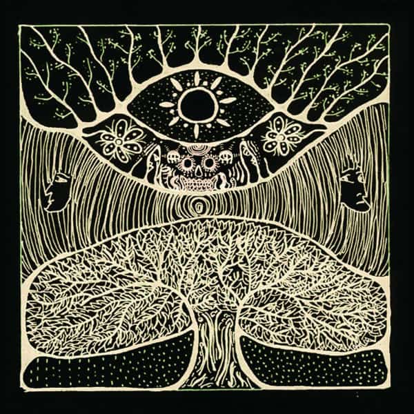 Intricate black and white drawing of a tree with roots, a large eye with a sun inside above it, abstract patterns, and two profile faces—evoking psychedelic rock vibes like the Kikagaku Moyo - S/T album art.