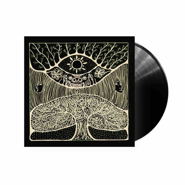 The black vinyl record "Kikagaku Moyo - S/T" features a cream and black cover with a stylized tree, abstract lines, faces, and an eye among sun and flowers—nature-inspired artwork reflecting the album's psychedelic rock vibe.