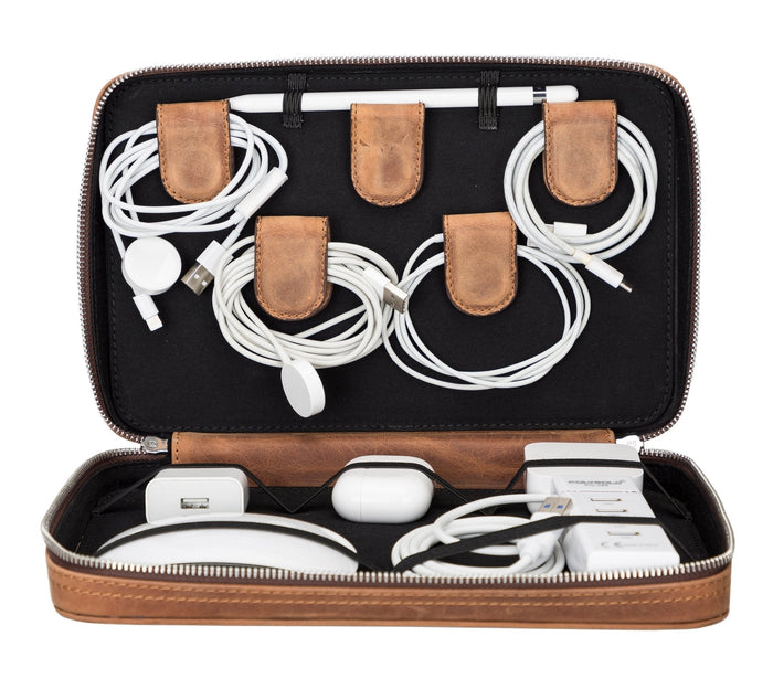 Leather Travel Cable Organizer – Saddle Brown - BlackBrook Case