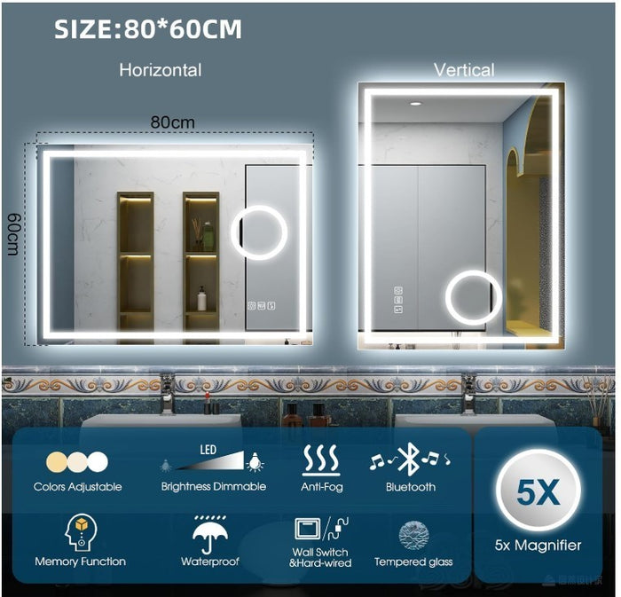 LED Bathroom Mirror Bluetooth Anti Fog Dimmable Black Frame 5x Magnifier-271