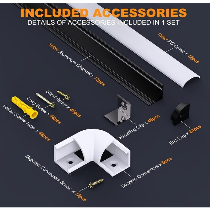 LED Strip Profile 12 Pack Black V Shape Channel 1M Diffuser Clips- 255