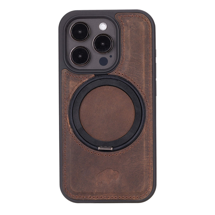 Loop Leather iPhone 15 Pro MagSafe Case with Grip Strap, Distressed Coffee - BlackBrook Case