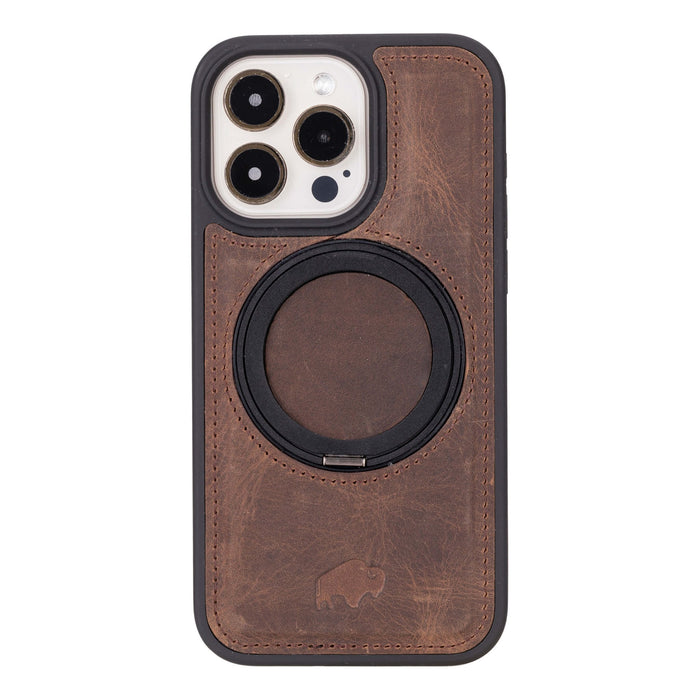 Loop Leather iPhone 15 Pro Max MagSafe Case with Grip Strap, Distressed Coffee - BlackBrook Case