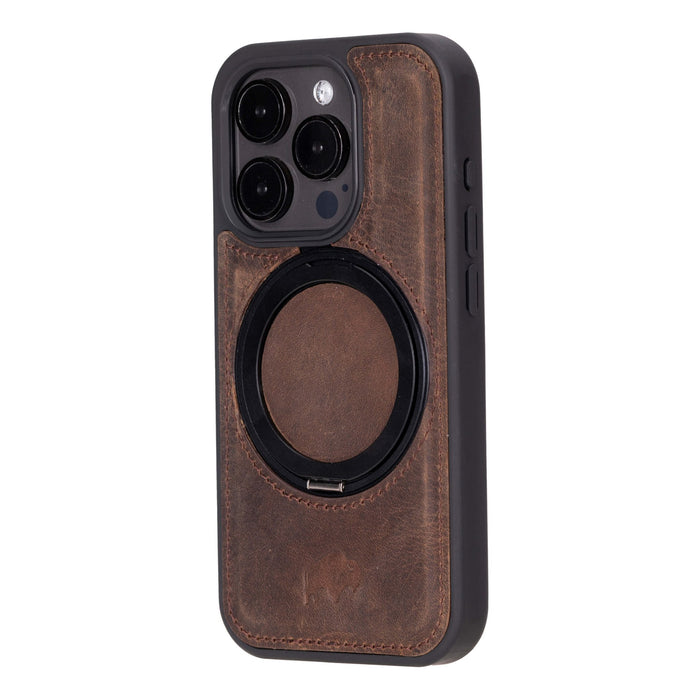 Loop Leather iPhone 15 Pro Max MagSafe Case with Grip Strap, Distressed Coffee - BlackBrook Case