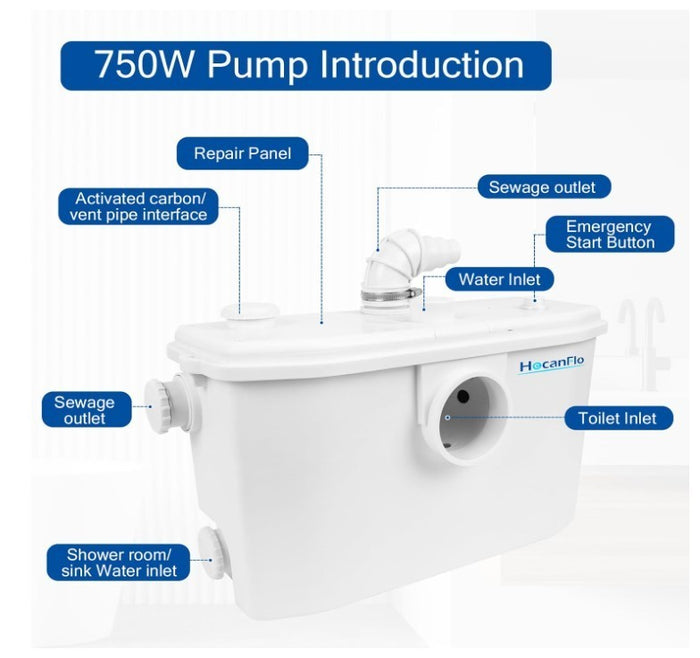 Macerator Pump 750W Sewerage Waste Pump 4 Inlet 2 Outlet Bathroom-236