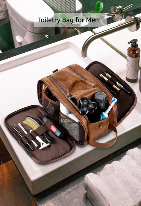 Mens Toiletry Bag for Men Water-Resistant PU Leather  Large Travel Wash Bag-230