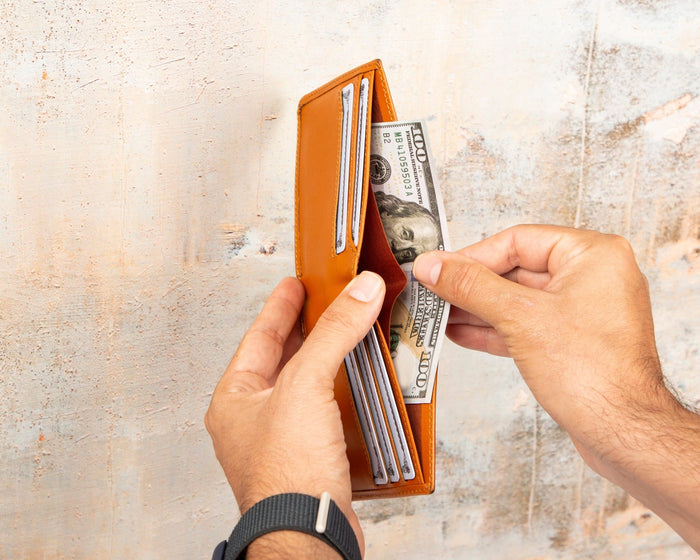 Merlin Full‑Grain Leather Bifold Wallet, Burnished Tan - BlackBrook Case