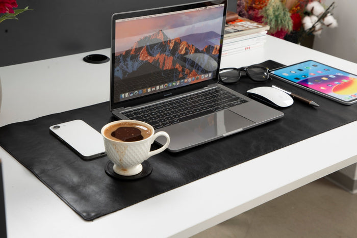 Natural Leather Desk Mat (37cm x 80 cm), Rustic Black - BlackBrook Case