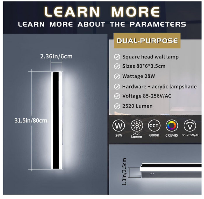 Outdoor LED Wall Light 80cm 28W 6000K IP65 Waterproof Black Linear Light-15