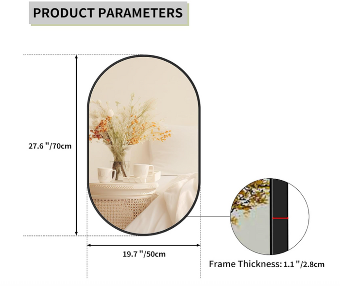 Oval Wall Mirror,50x70 cm Metal Framed Oval Mirrors,Large Bathroom Mirrors-30