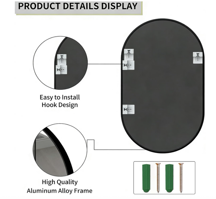 Oval Wall Mirror,50x70 cm Metal Framed Oval Mirrors,Large Bathroom Mirrors-30