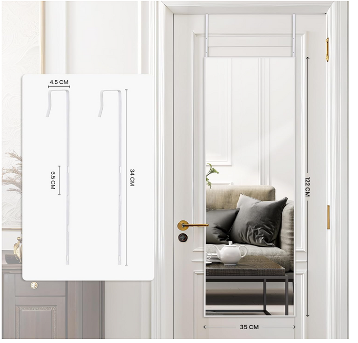 Over The Door Mirror with Hanger White Aluminum Alloy Frame Full Lengt 122cm-68
