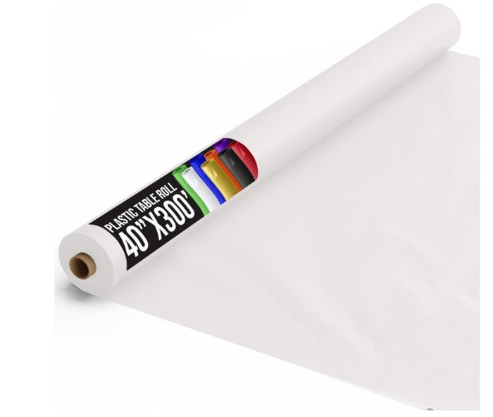 Plastic Table Cover Roll 40in x 300ft Heavy Duty Waterproof White Banquet-298