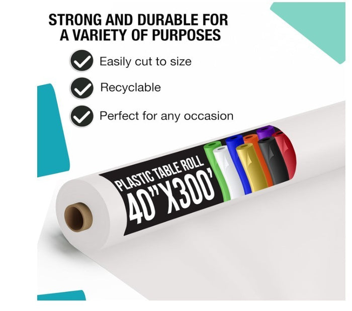 Plastic Table Cover Roll 40in x 300ft Heavy Duty Waterproof White Banquet-298