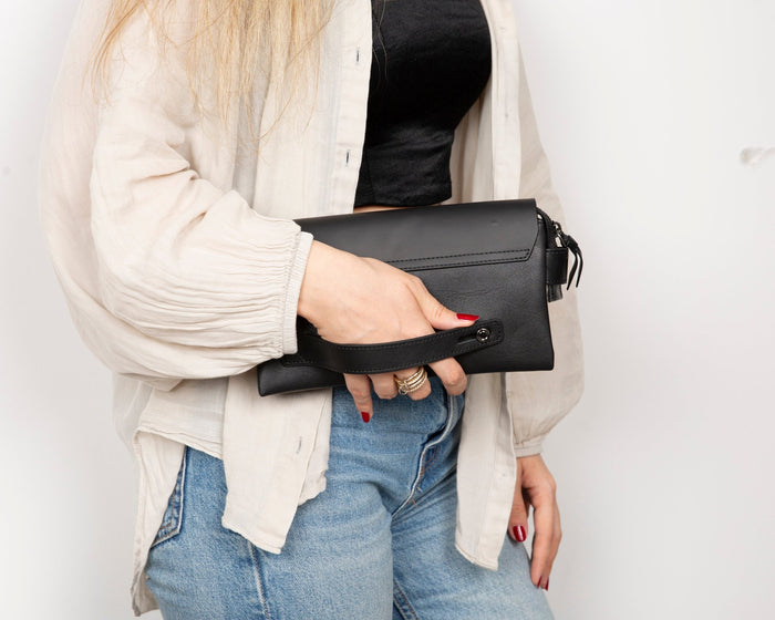 Prestige Leather Clutch Bag, Rustic Black - BlackBrook Case