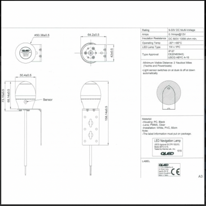 QLED NAVIGATION 2NM, ALL ROUND/ ANCHOR WHITE with D/D via a Light Sensor, 360DEG., 9-33V - Bosuns Boat